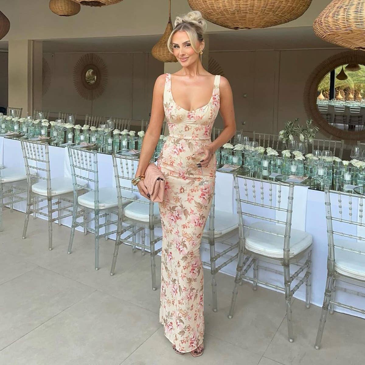 Floral U-Neck Slit Spaghetti Strap Dress
