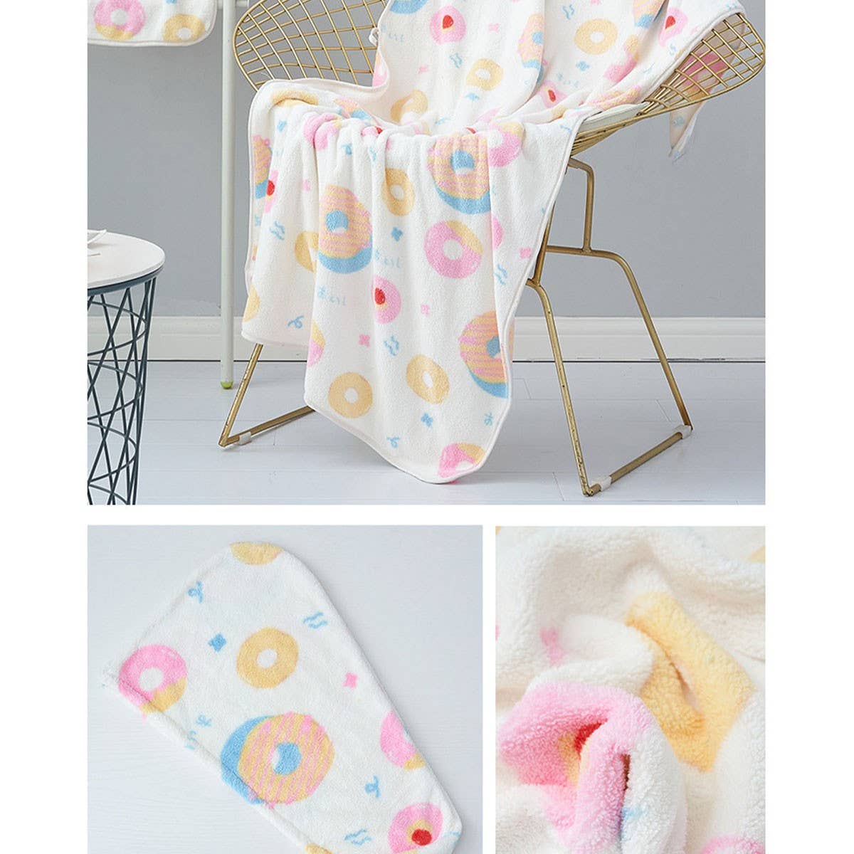CORAL FLEECE PRINTED SHOWER CAP TOWEL BATH TOWEL