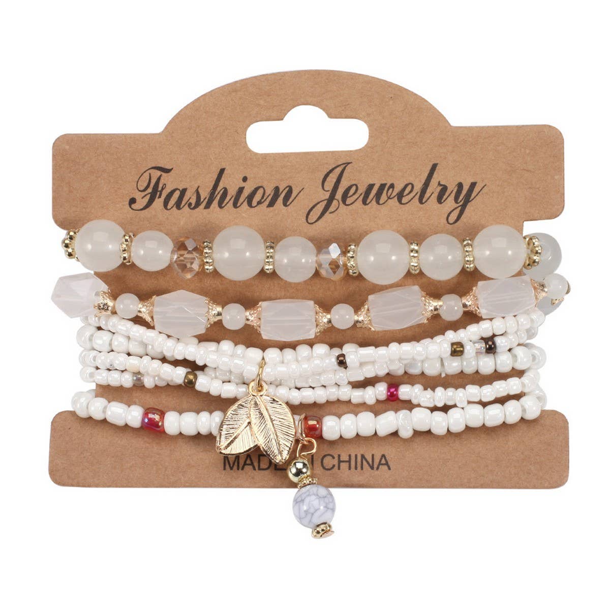 CWMM10461_BOHO MULTI LAYER BEADED LEAF CHARM BRACELET