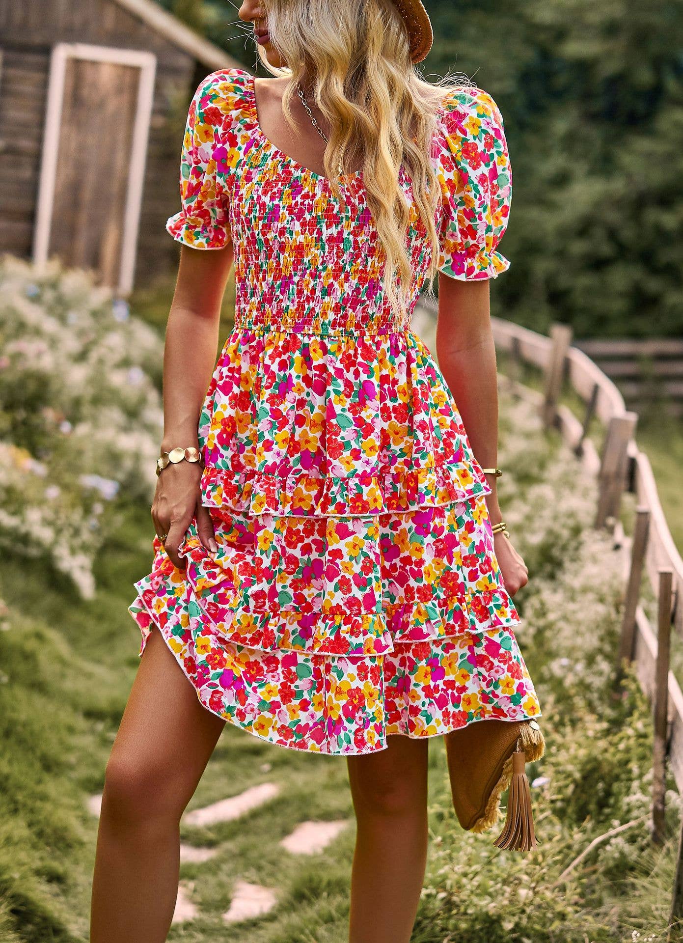 FLORAL SHORT SLEEVE CAKE DRESS