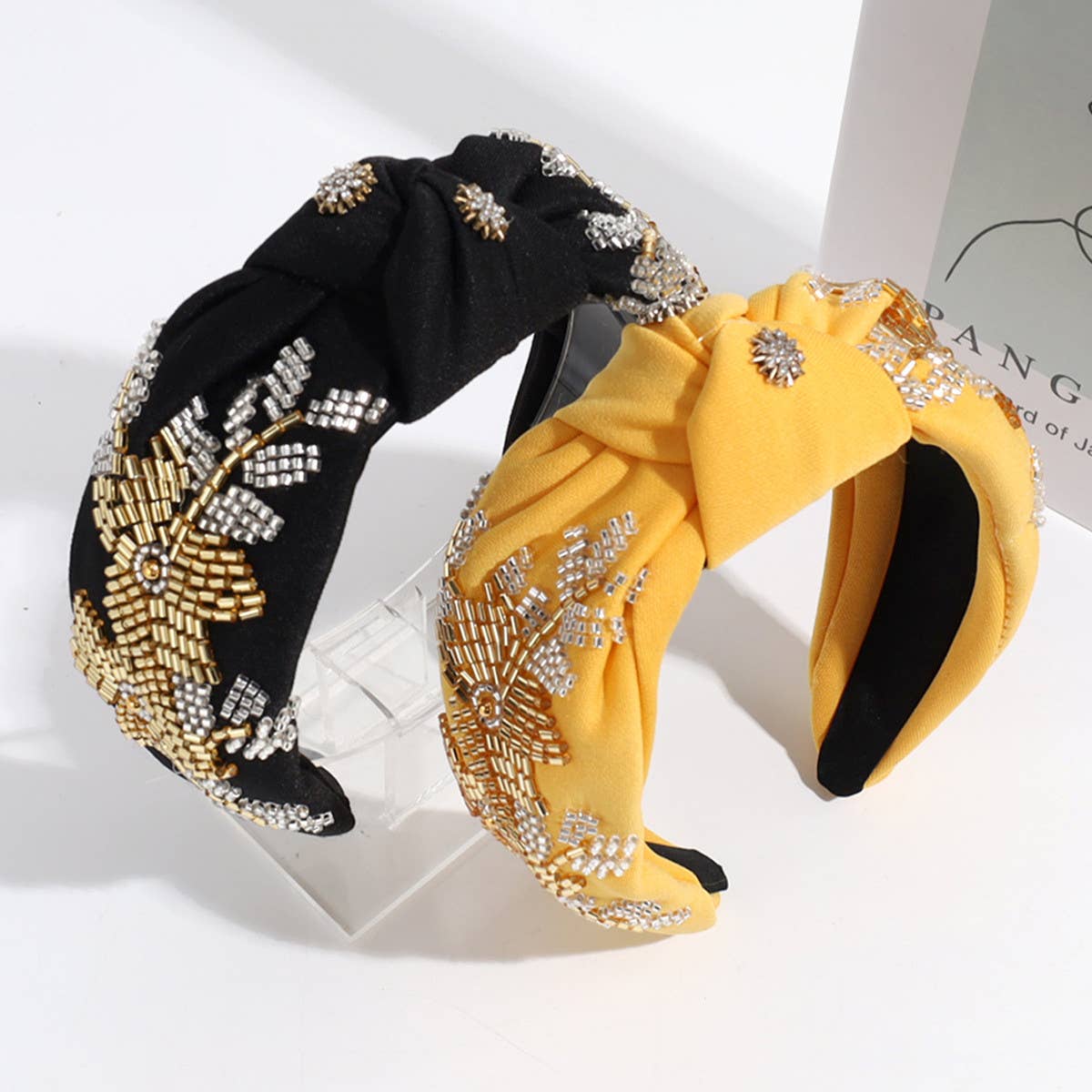RHINESTONE RICE BEADS KNOTTED WIDE BRIM HEADBAND