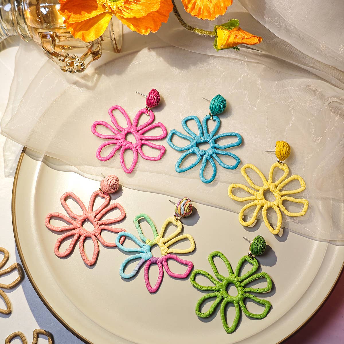 Colorful woven Raffia grass hollowed-out earrings