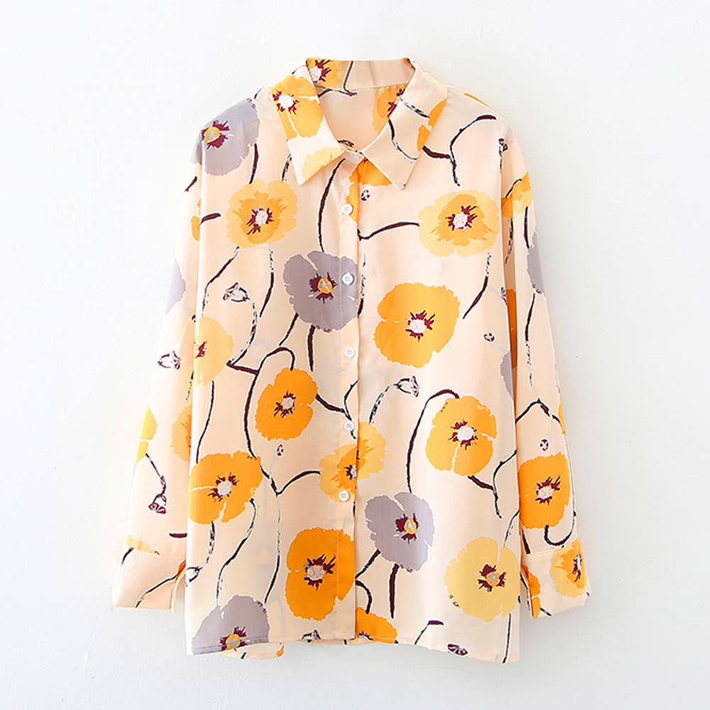 Floral vintage print loose long-sleeved shirt