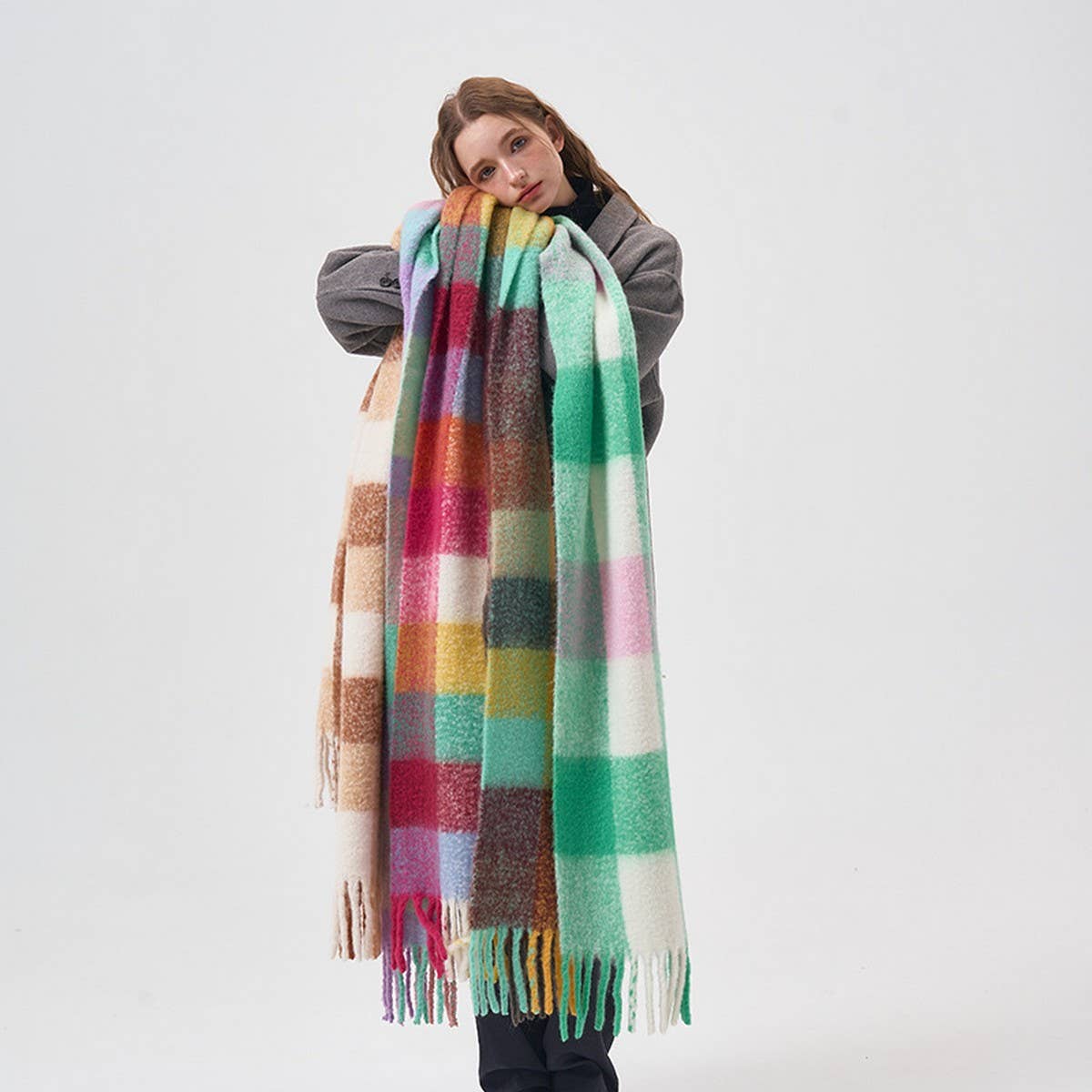 32% Wool Colorblock Plaid Scarf - Soft & Warm_CWASC2365