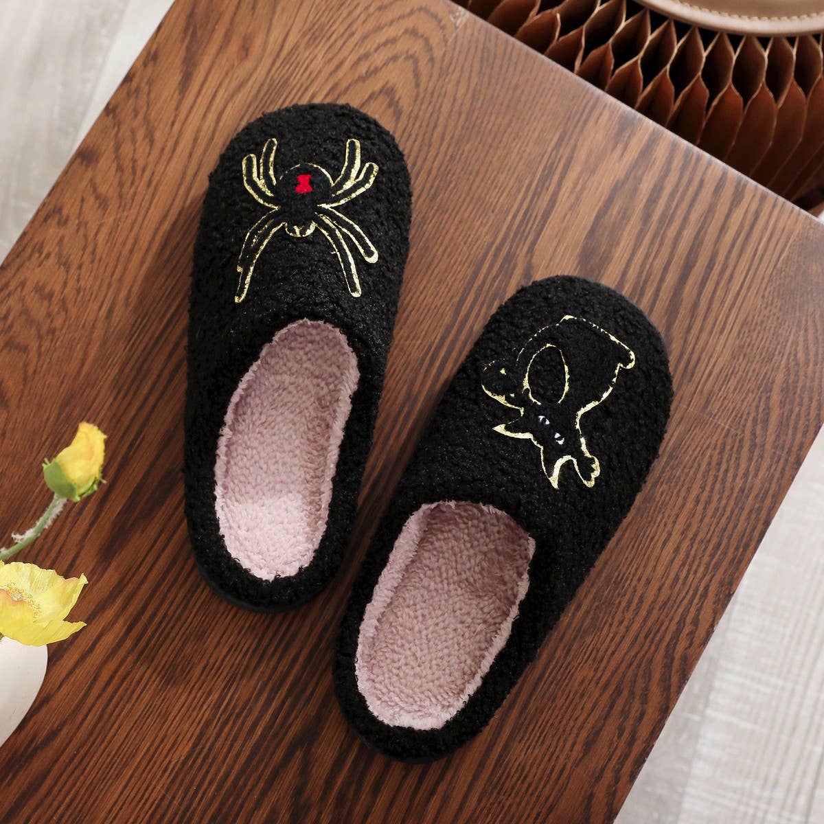 Halloween Spider Black Cat Plush Slippers_CWSHF00220