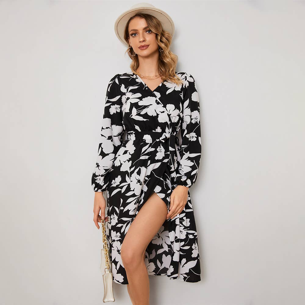 FLORAL SLIT WAIST STRAP LONG-SLEEVED DRESS