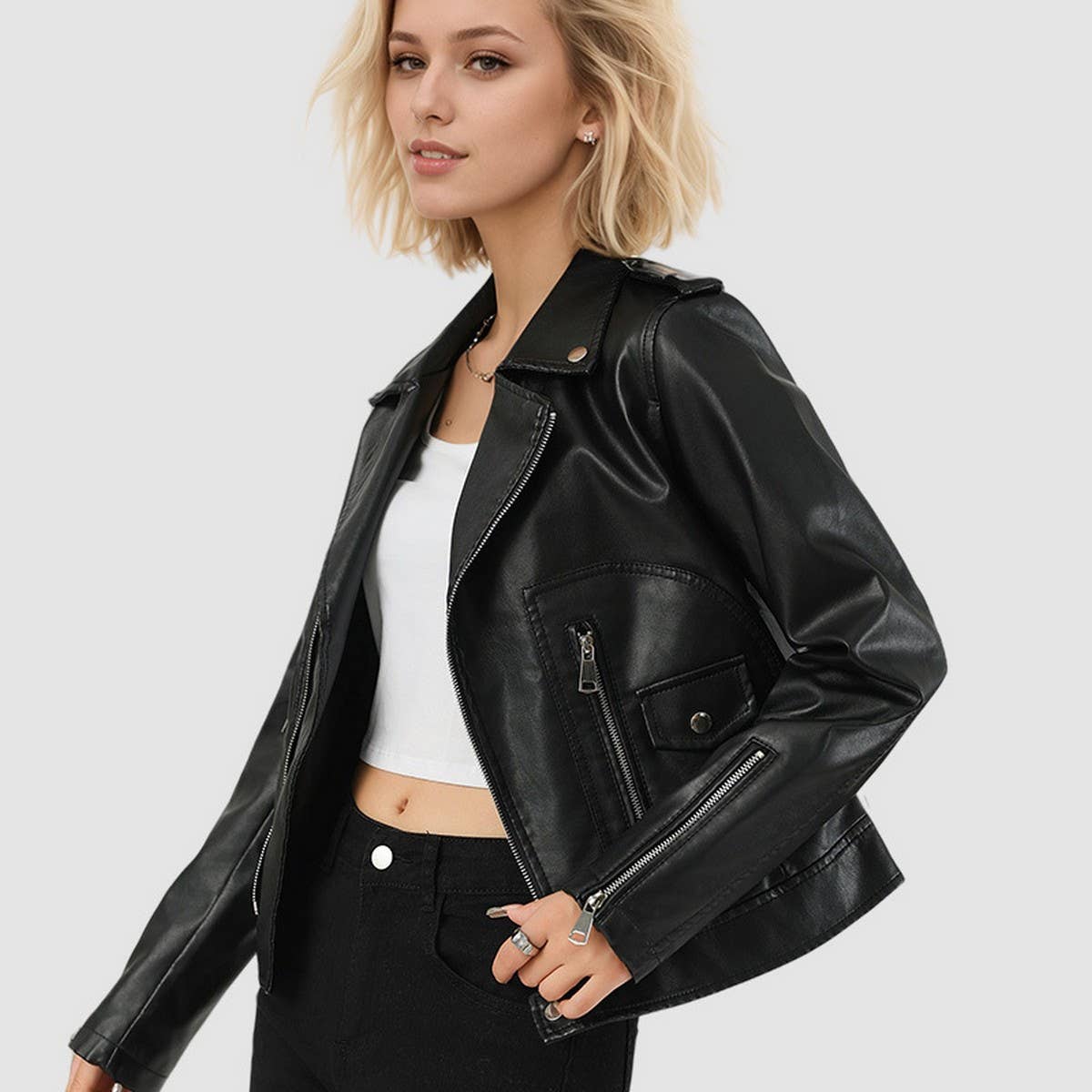 Fall Women?™s PU Leather Jacket?“Slim Commuter Coat_CWMM9020
