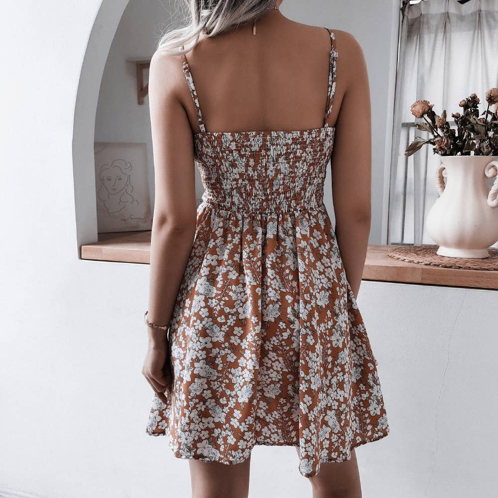 Floral pleated chiffon dress with V-neck halter