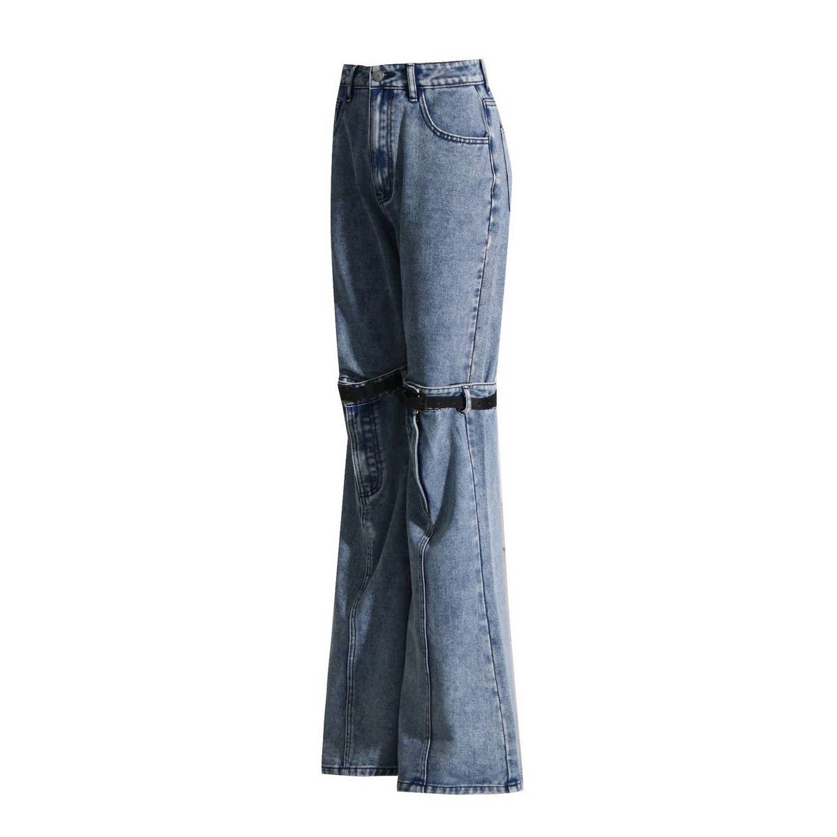 WOMENS PATCHWORK KNEE EXPOSED STRAIGHT LEG JEANS