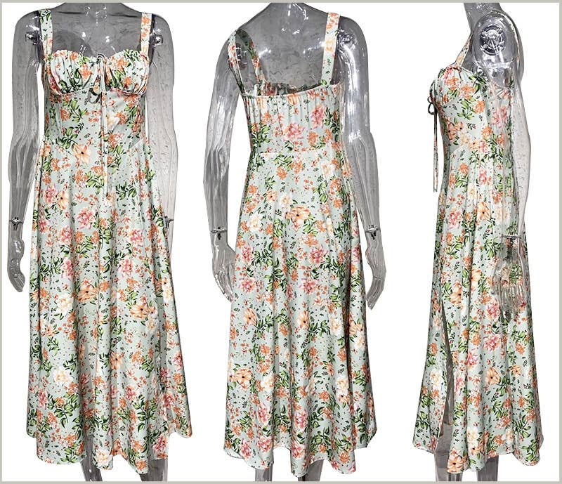 FLORAL FRENCH HIGH-WAISTED LONG HALTER DRESS