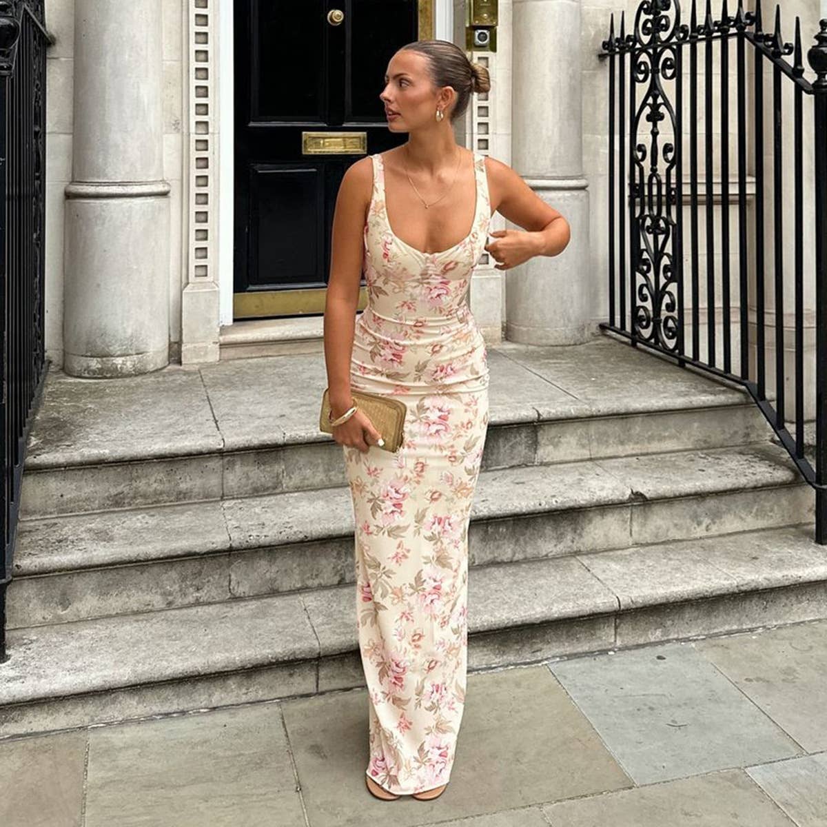 Floral U-Neck Slit Spaghetti Strap Dress
