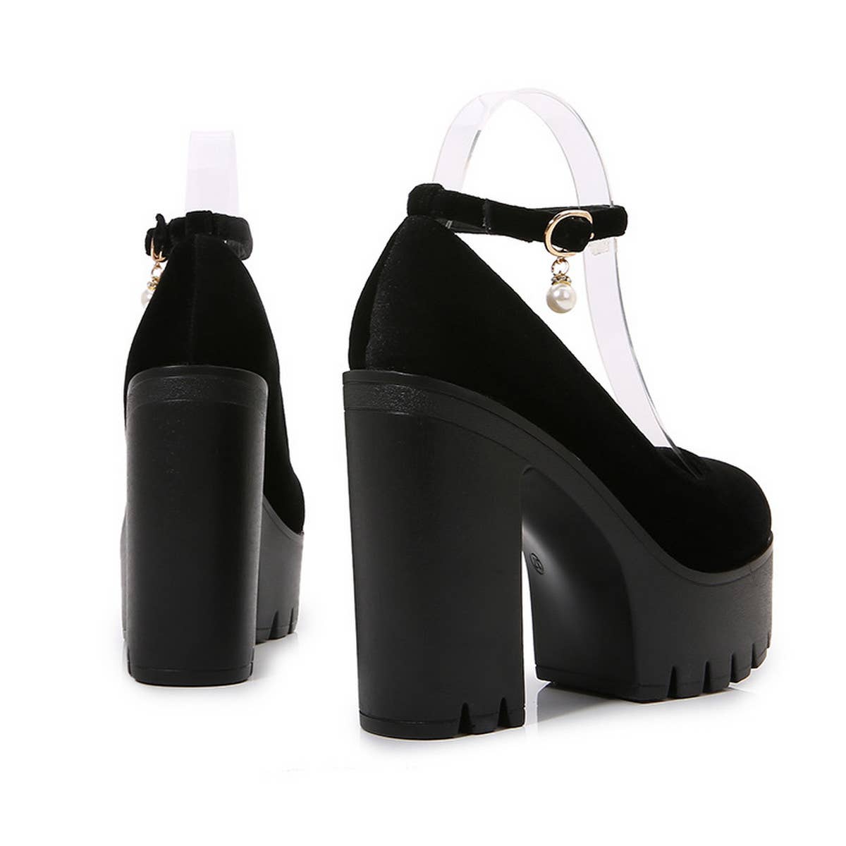 ROUND TOE FLAT BUCKLE PLATFORM HIGH HEELS