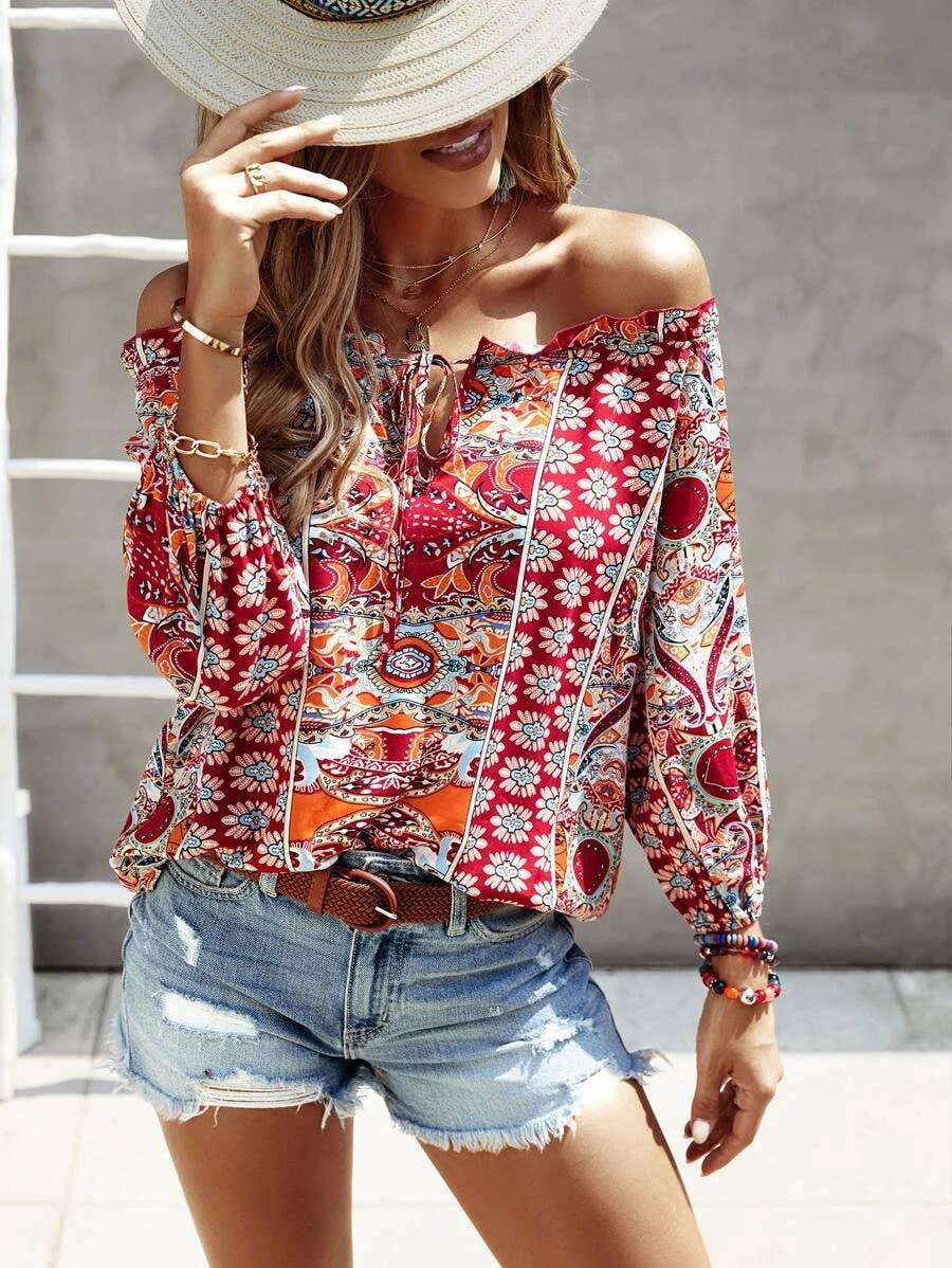 FLORAL PRINT OFF-THE-SHOULDER RUFFLED KNOT SHIRT