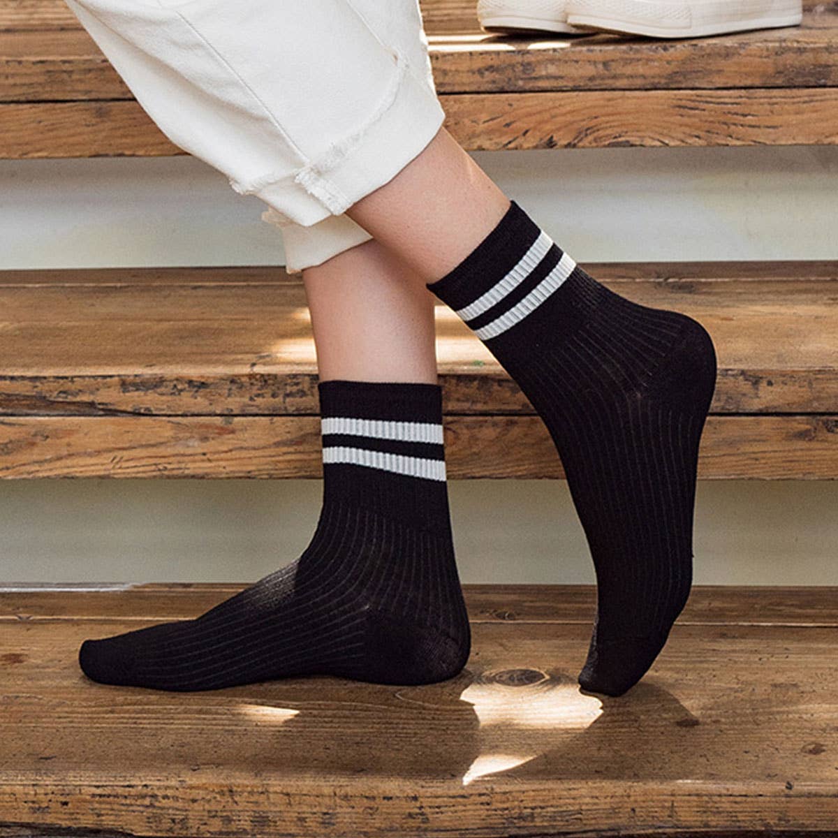 2-Stripe Cotton Mid Socks for Women, Wholesale_CWMS070
