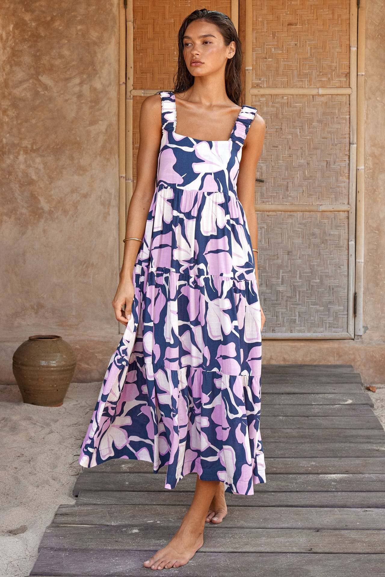 FLORAL PRINT DRESS WITH PLEATED HALTER