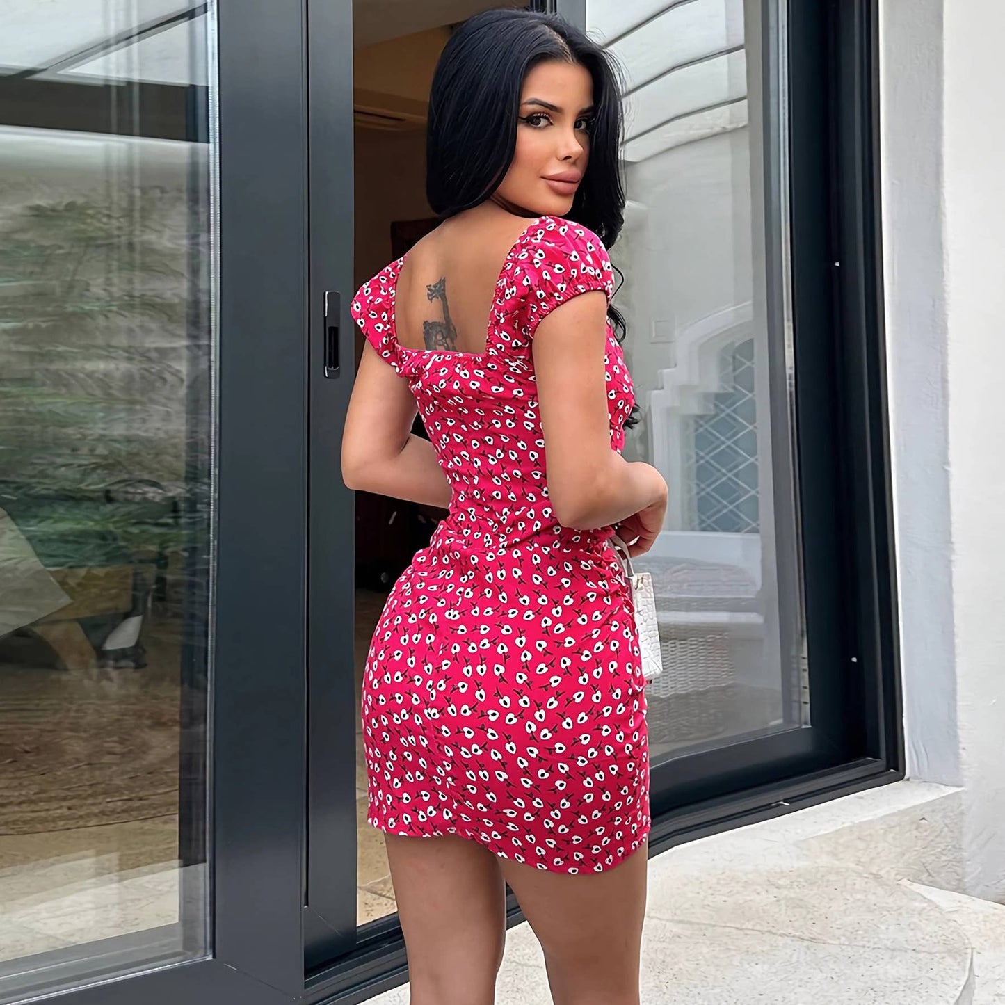 Floral V-neck Slim Fit Bodycon Mini Dress