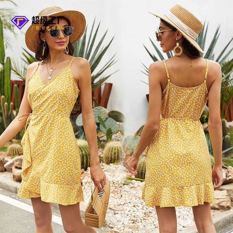 FLORAL PLEATED RUFFLED SKIRT HALTER WAIST DRESS