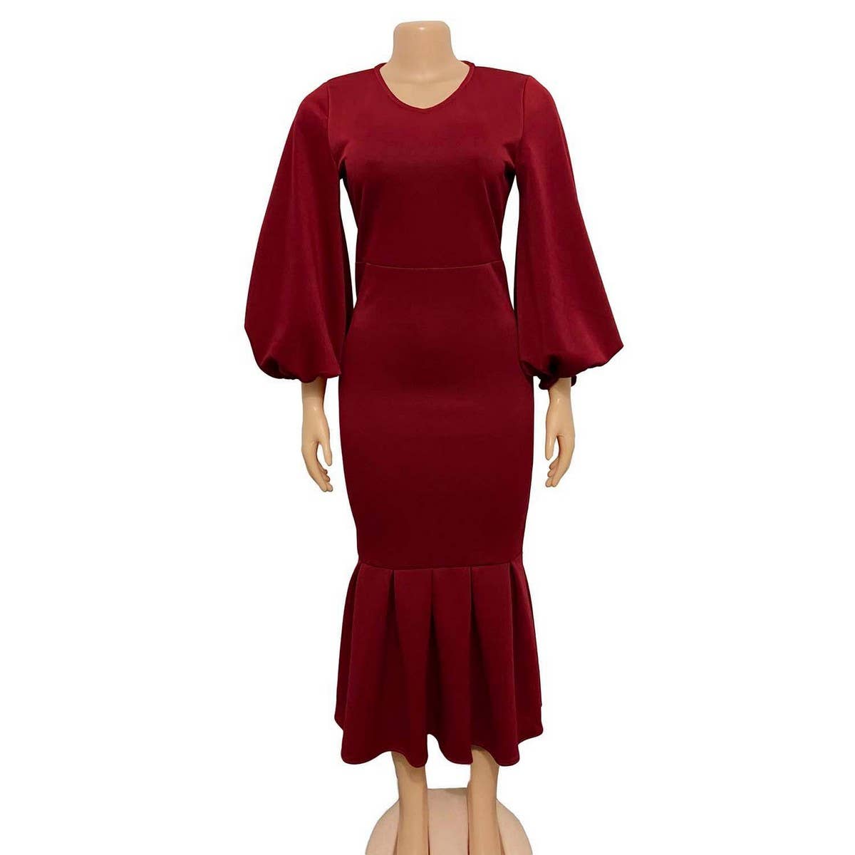 FASHION PLUS SIZE VNECK LONG SLEEVE FISHTAIL DRESS_CWDMD3671