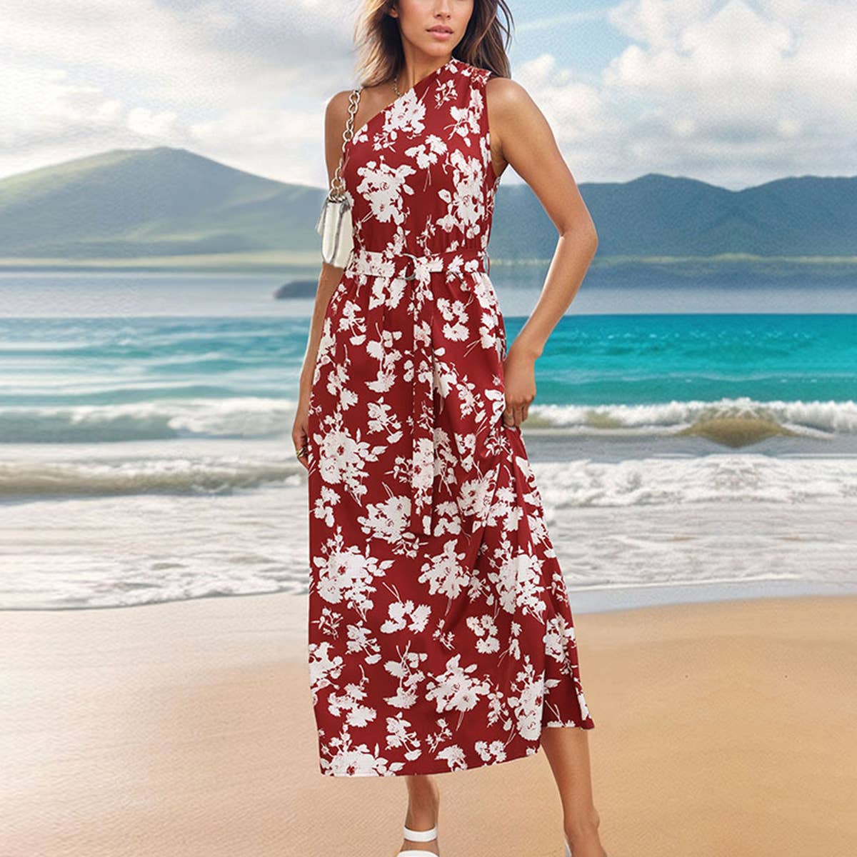 Floral print one-shoulder dress_CWDMD1517