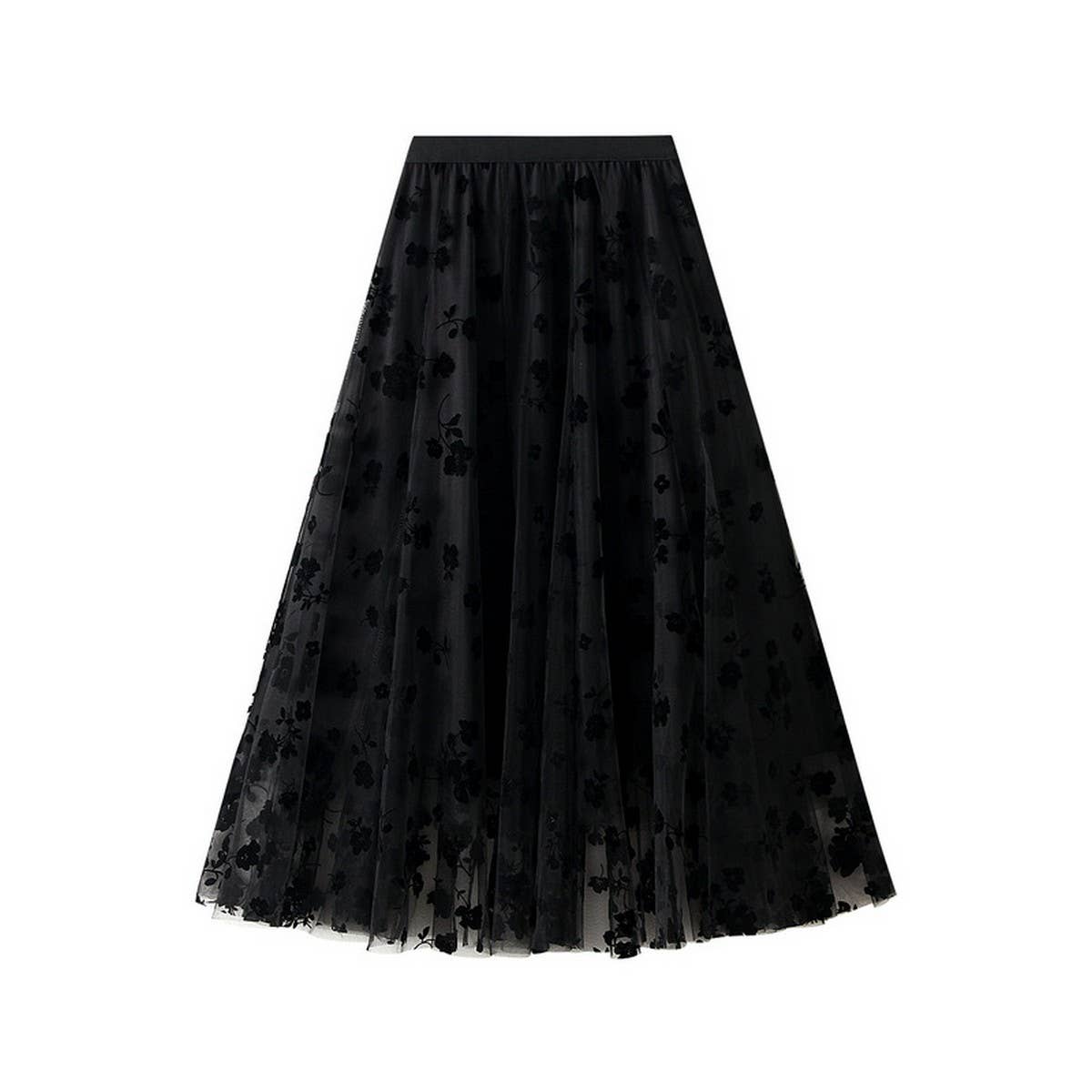 Flocked Tulle Patchwork A-Line Flared Skirt
