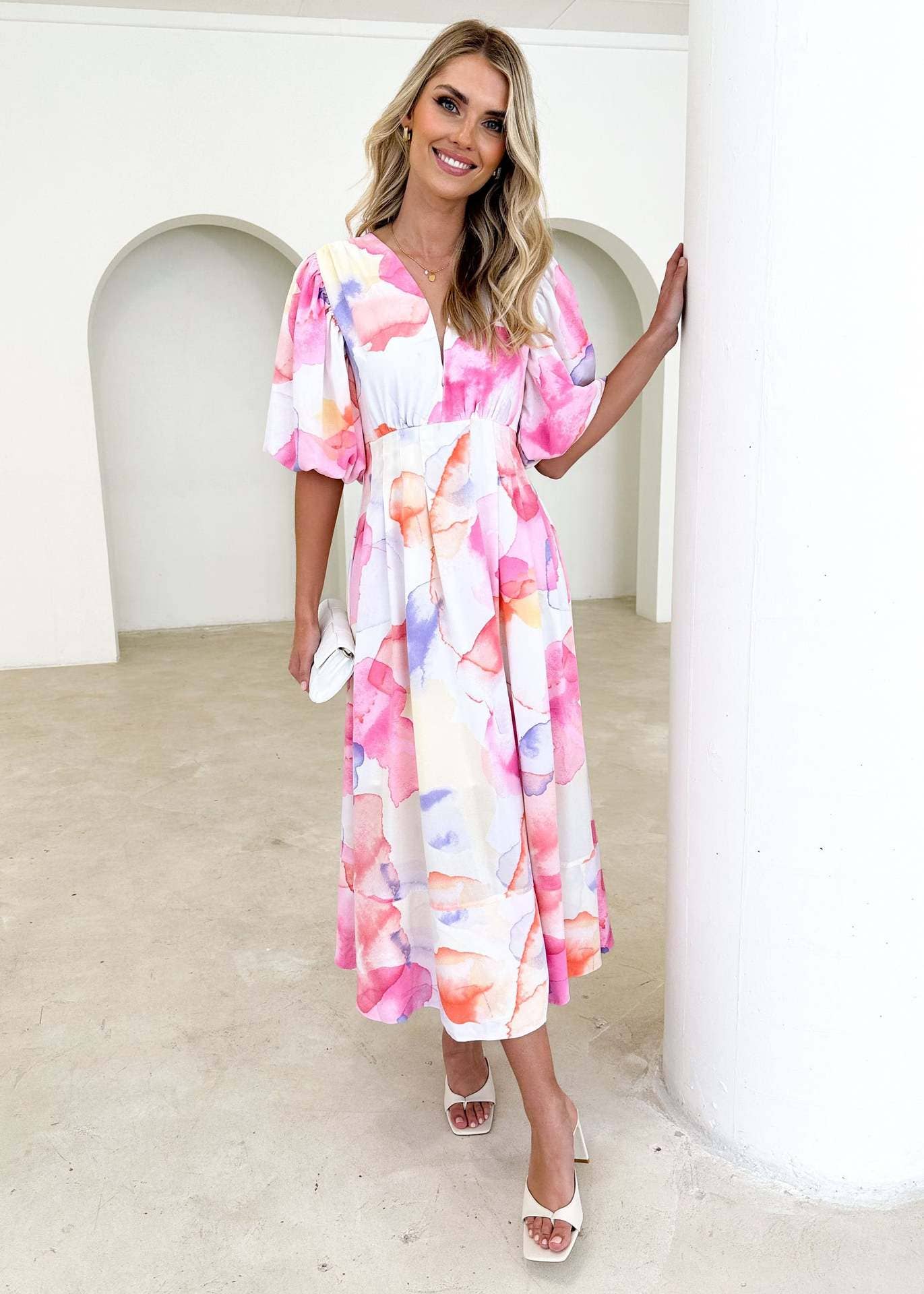 Floral printe puffed sleeve A-line elegant dress
