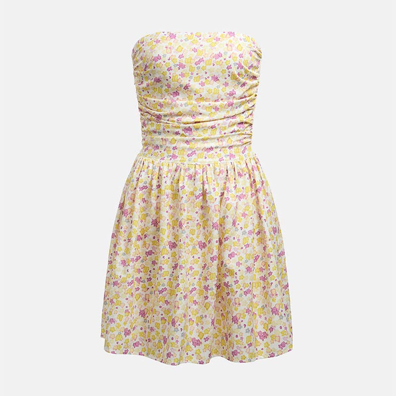 Floral Print Strapless Sleeveless A-Line Dress