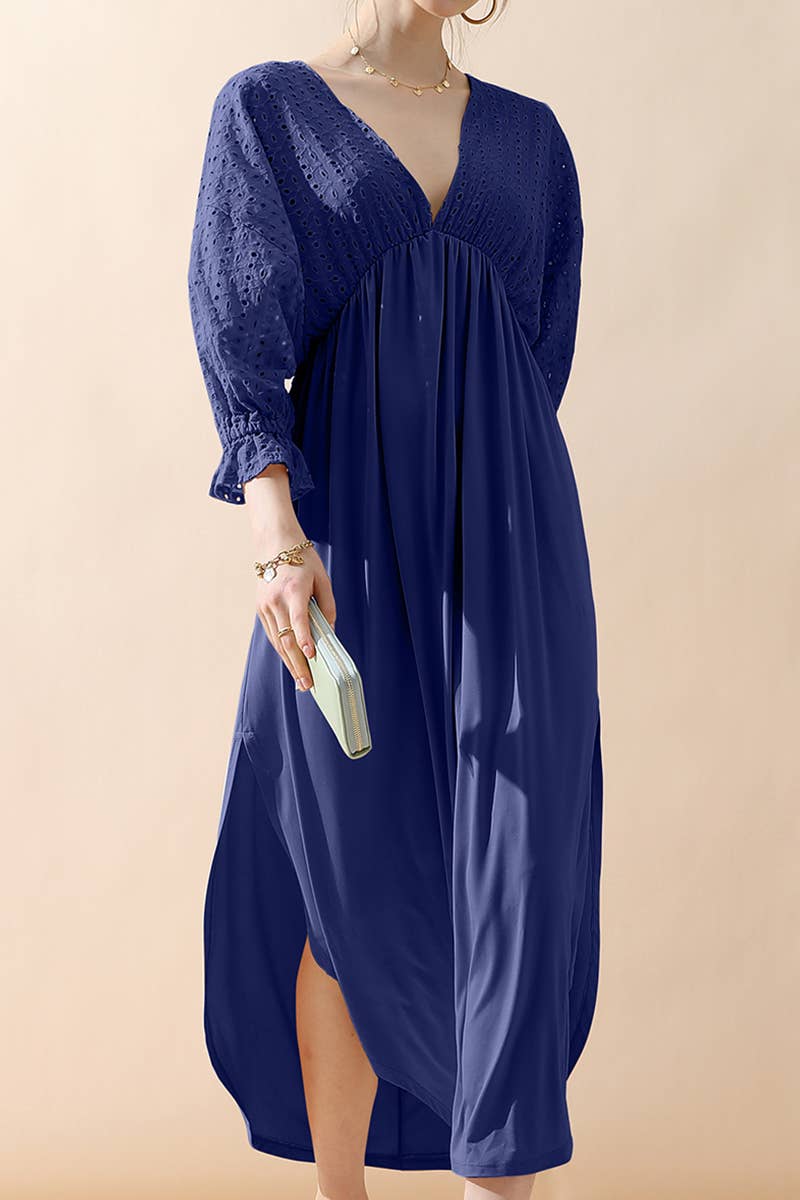 CWDMD795_3/4 SLEEVE V NECK LONG DRESS