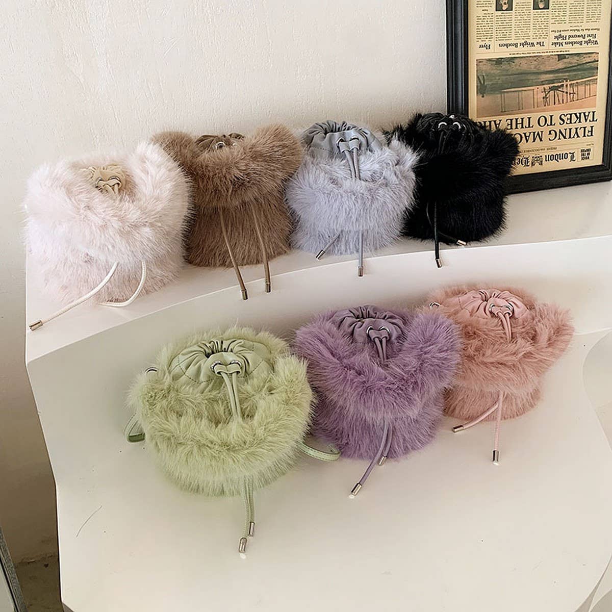 WINTER IMITATION FOX FUR HANDBAG PLUSH BUCKET BAG_CWAB3965