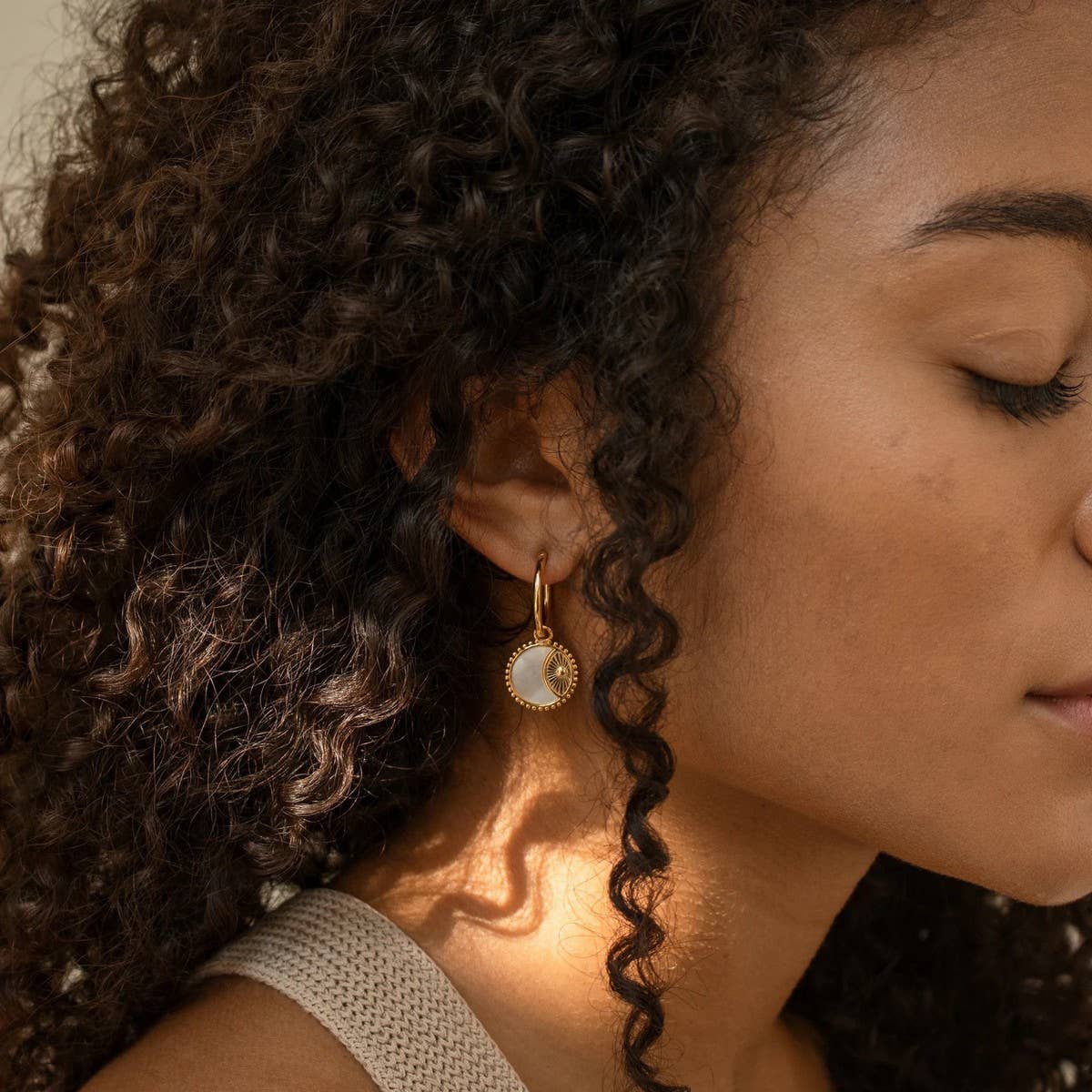 Elegant Gold Hoop Earrings Sun Coin & Moon Pendant