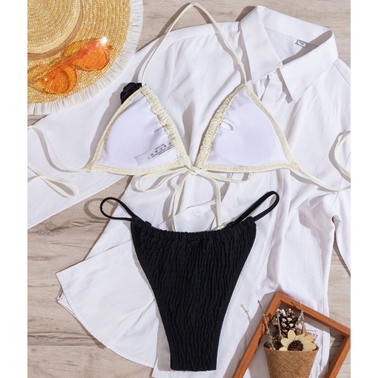 3D Floral Bikini Set - Black & White Swimsuit_CWMW0701