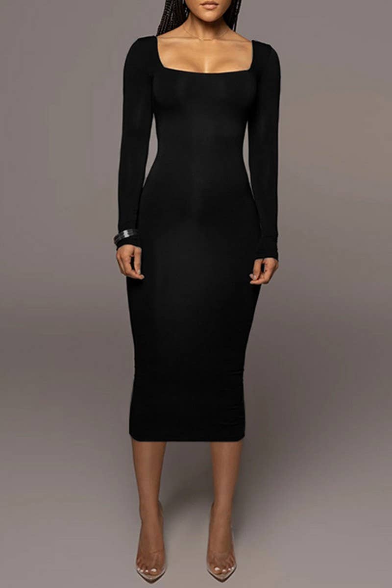 CWDMD4902_SOLID COLOR SLIM SQUARE NECK LONG SLEEVE DRESS