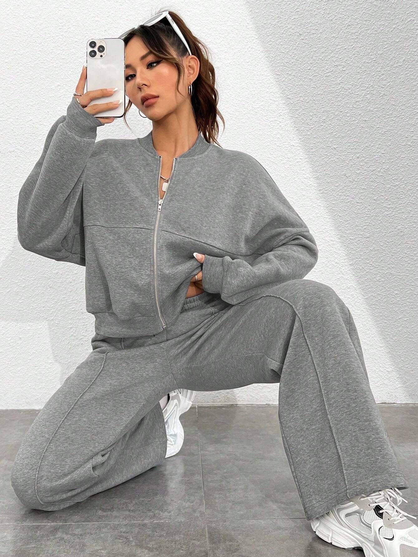 Zipper cardigan straight-leg sport pants set