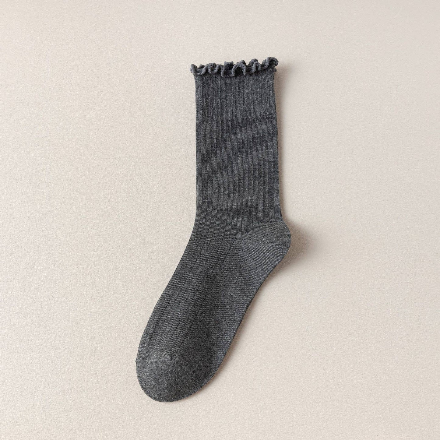 Vertical Stripes Thin Solid Ruffle Crew Socks
