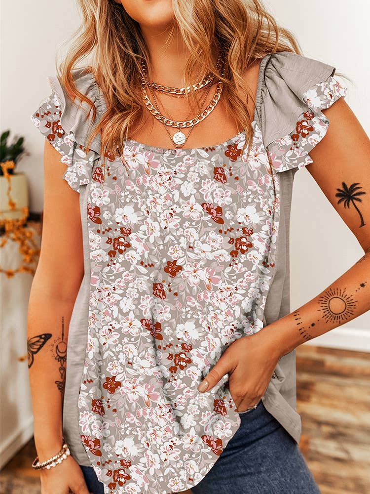 FLORAL RUFFLED SLEEVELESS BLOUSE