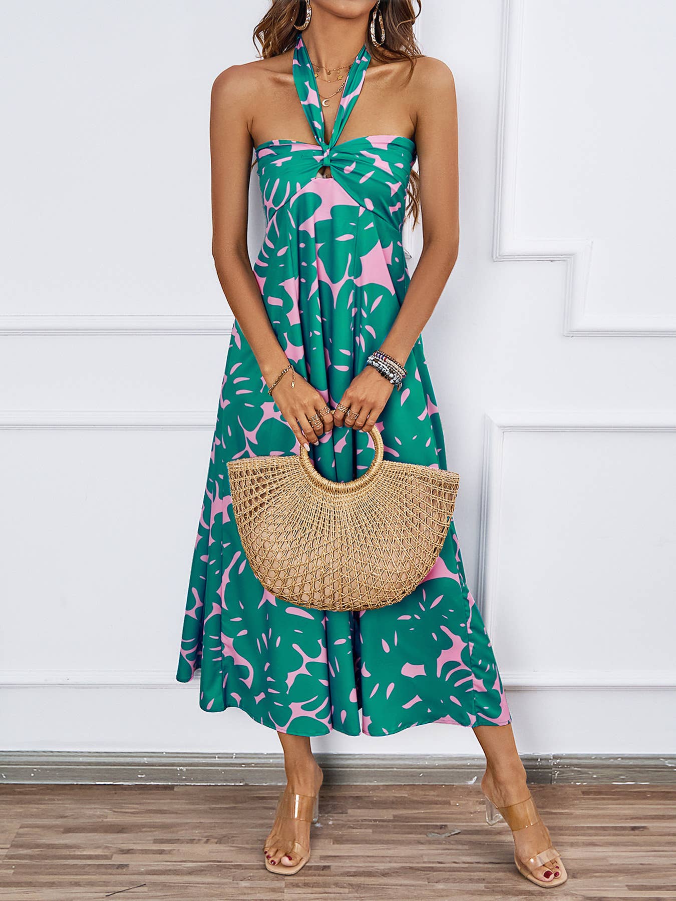 FLORAL PRINT HOLLOWED LACE HALTER LONG DRESS