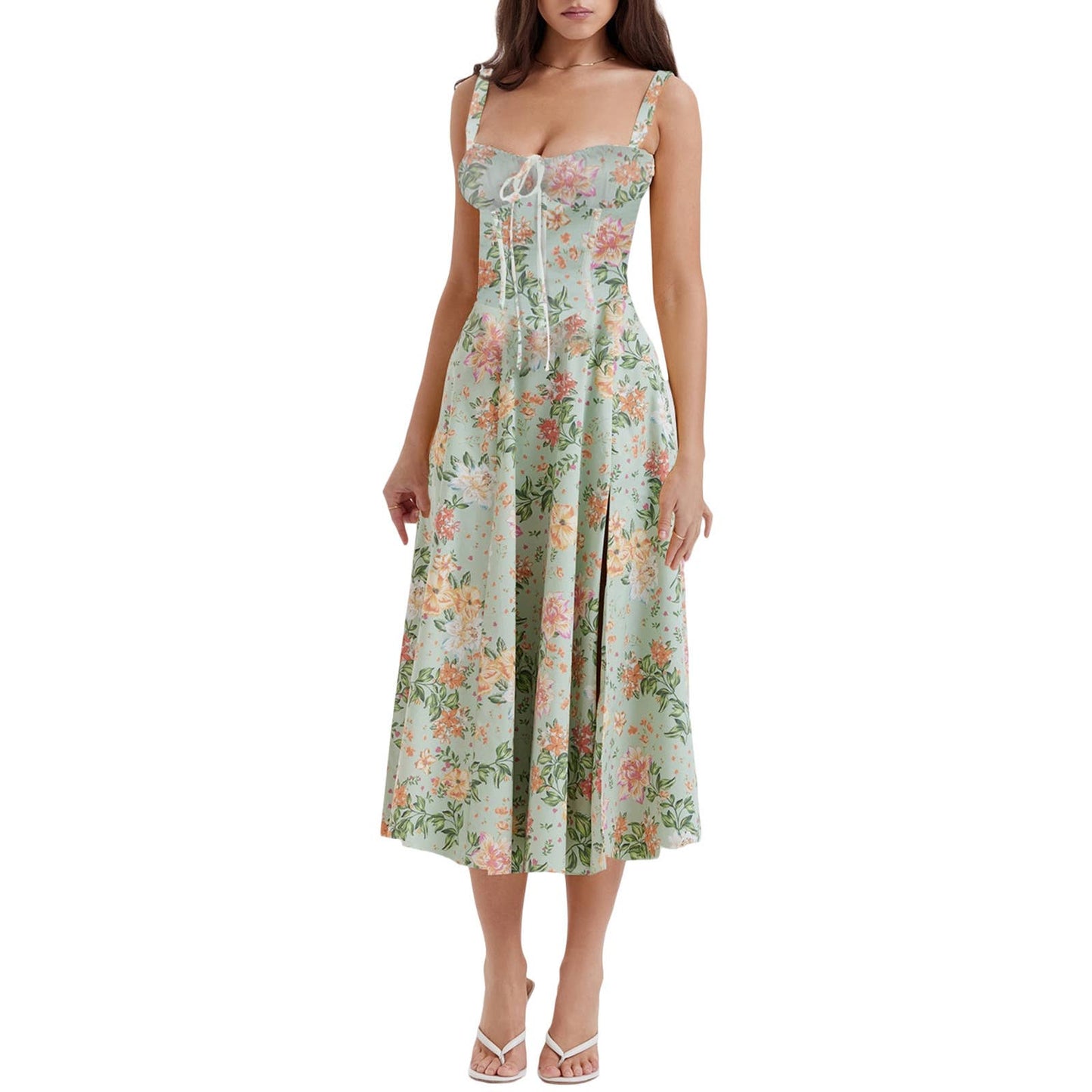 FLORAL FRENCH HIGH-WAISTED LONG HALTER DRESS