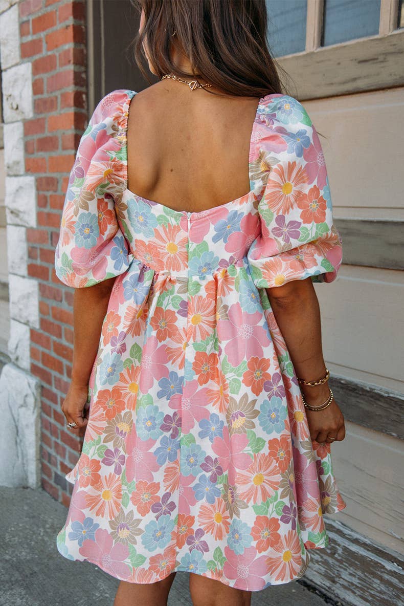 Floral printed backless short-sleeved dress