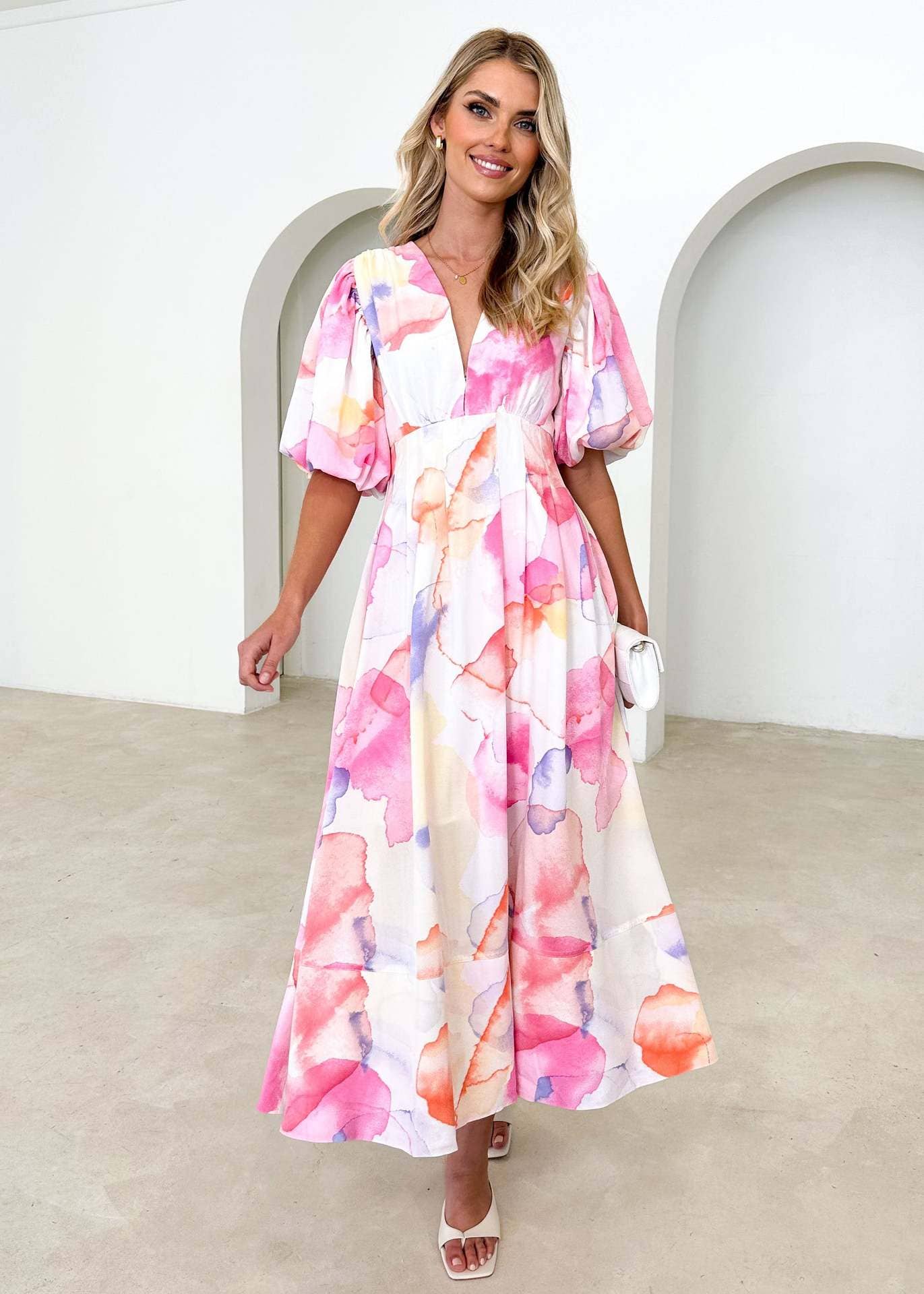 Floral printe puffed sleeve A-line elegant dress