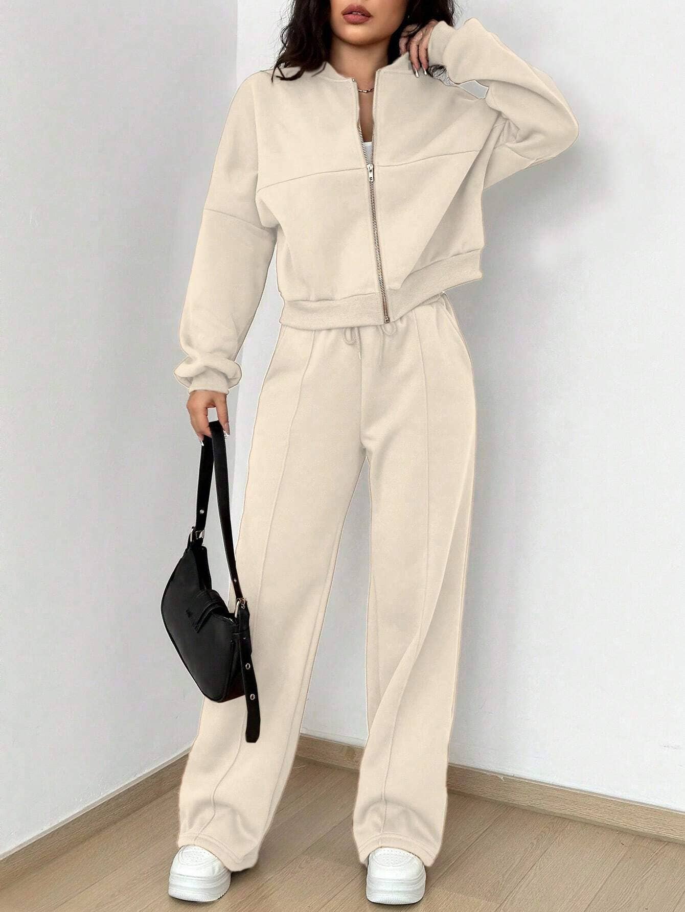 Zipper cardigan straight-leg sport pants set