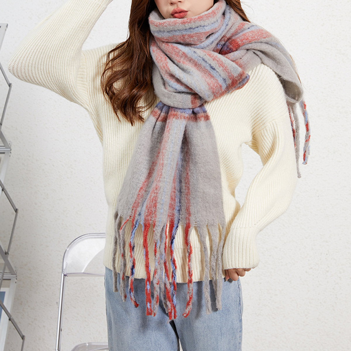 Korean Striped Brushed Winter Scarf for Women