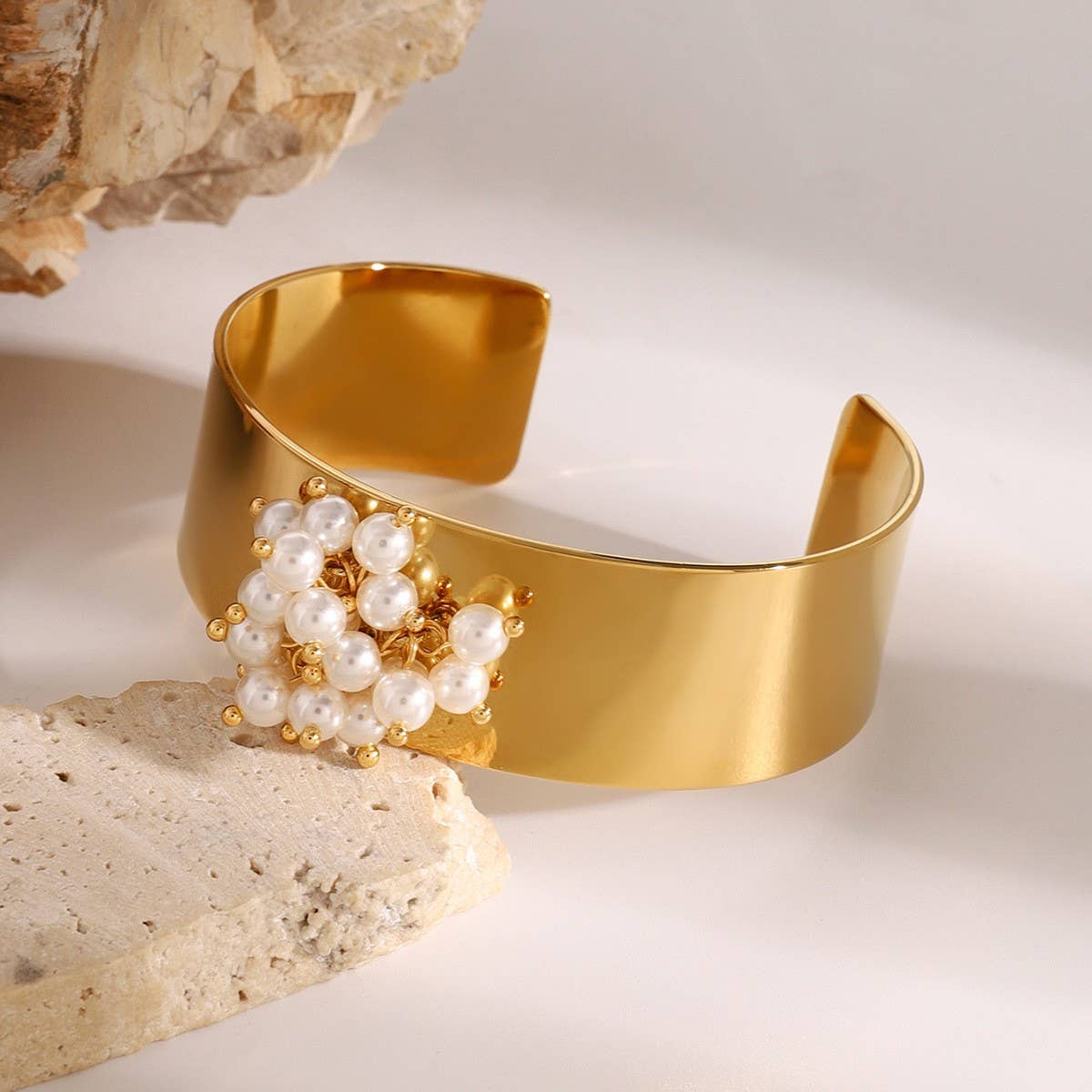 Titanium Steel 18K Gold Pearl Open Cuff Bracelet
