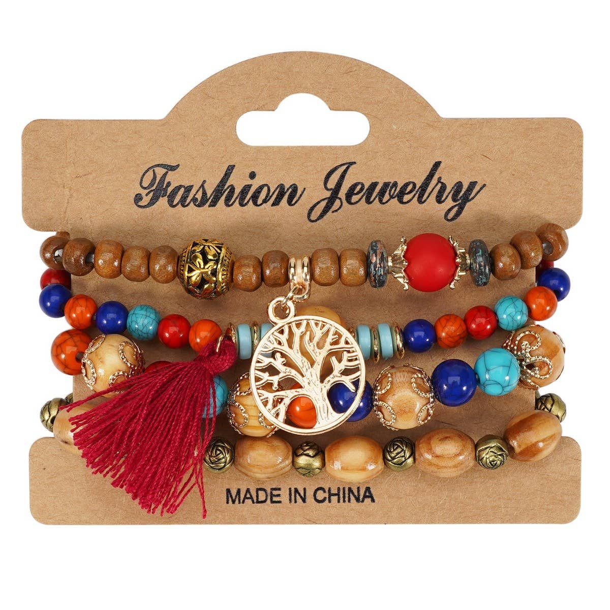 CWMM10462_WOOD BEAD ROSE ALLOY HANDMADE BRACELET SET