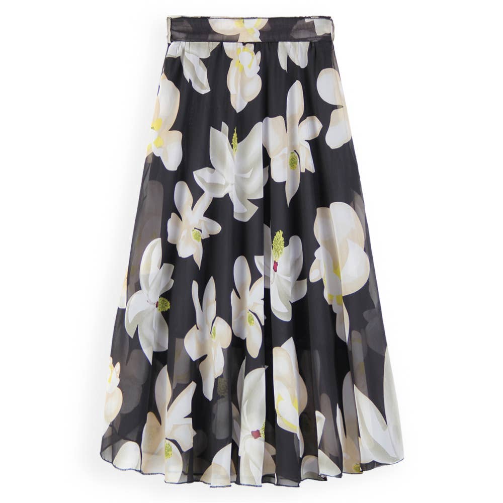 Floral large swing A-line chiffon long skirt
