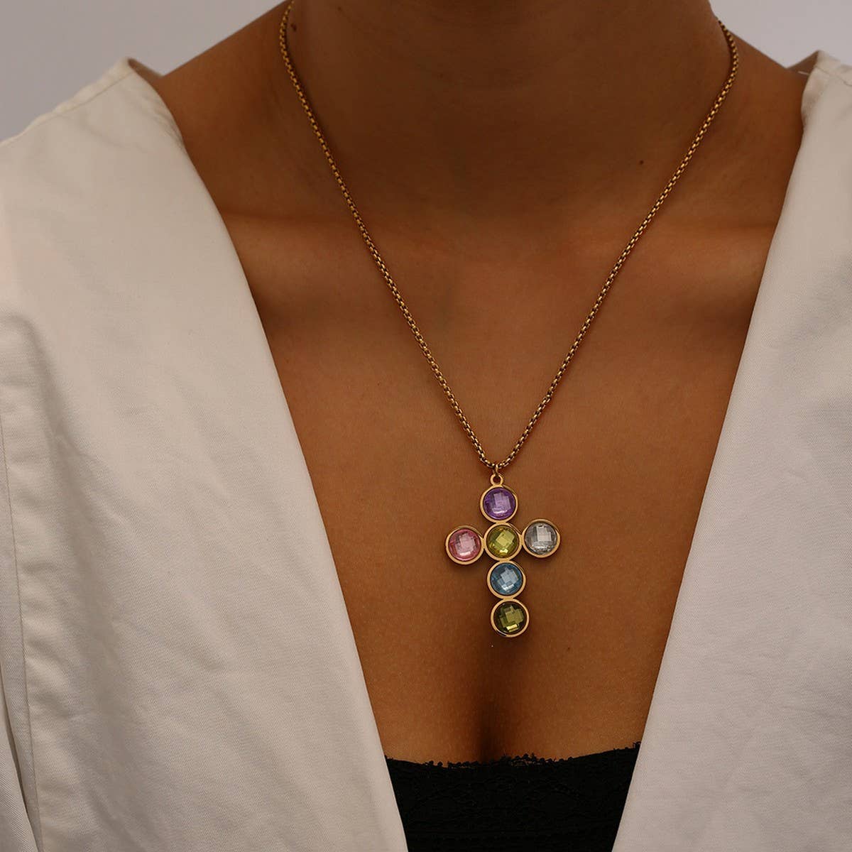 Stainless Steel Cross Necklace & Earrings Set_CWMM8890