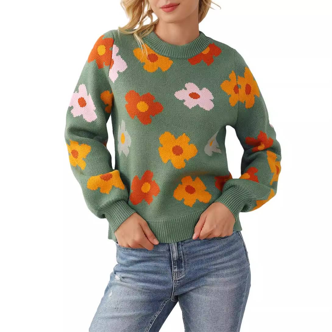 FLORAL PRINT WARM THREAD LONG SLEEVE SWEATER