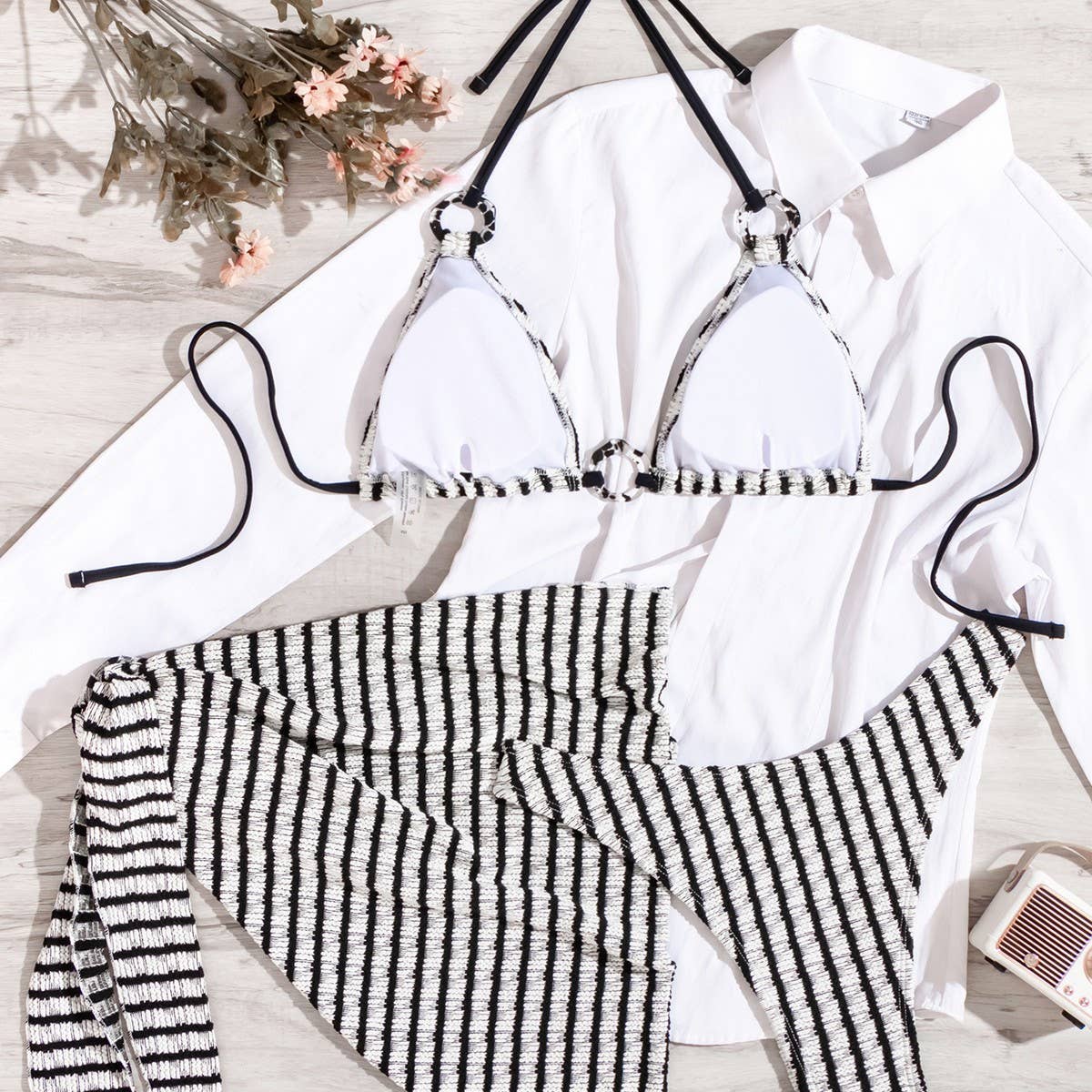 Black & White Striped Bikini Set - Sexy Swimsuit_CWMW0696