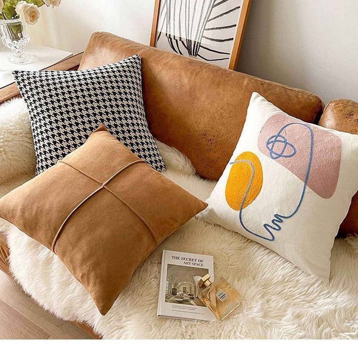 Houndstooth Embroidered Abstract Pillow Cover Decor