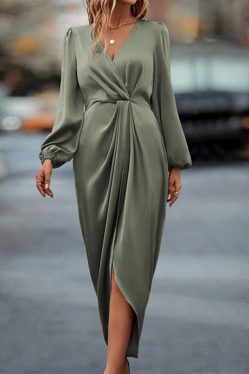 CWDMD4875_CROSS NECK SLIT PUFF SLEEVE IRREGULAR DRESS