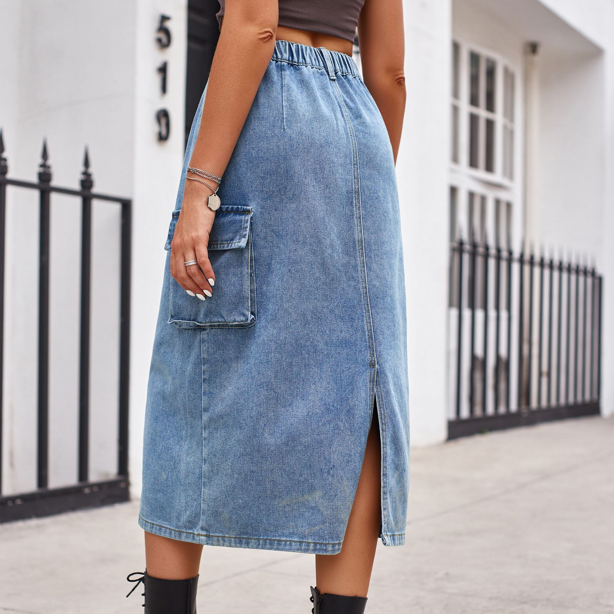Women?™s Washed Denim Cargo Midi Skirt Slim Fit_CWJSK0198