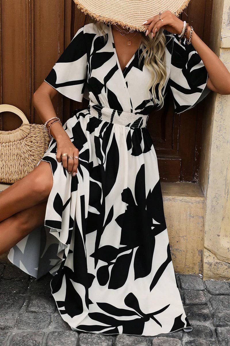 CWDMD4375_CROSSOVER NECK BELTED FLORAL PRINT SLIT DRESS